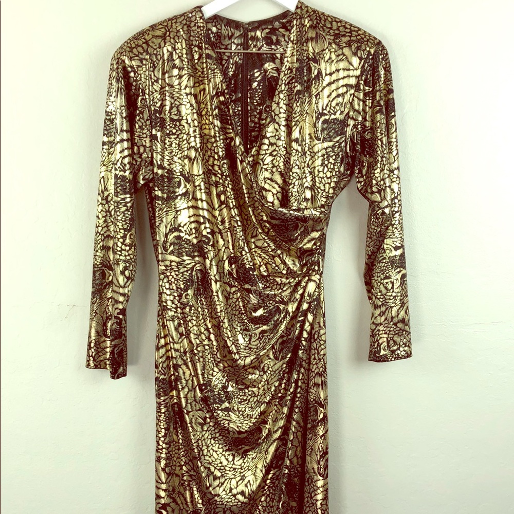 Vintage glam size 10 gold & black faux wrap dress